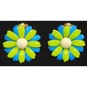 Vintage Flower Power Lime and Turquoise Enamel Clip-on Earrings